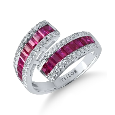 Inel deschis din aur alb cu rubine baguette de 1.5ct si diamante de 0.36ct