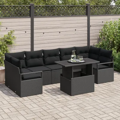 Set 8 piese canapea gradina cu perne negru ratan poli, canapea gradina 2 locuri cu spatiu depozitare & perne negru ratan poli