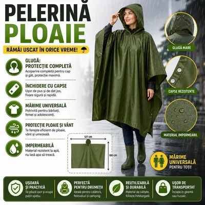 Pelerina de ploaie cu gluga, Impermeabila, Verde, 127x100 cm, Marime Universala