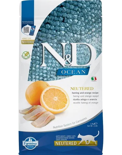 FARMINA N&D Ocean - Hrană uscată pentru pisici adulte, după castrare - hering și portocală -1,5 kg