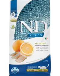 FARMINA N&amp;D Ocean - Hrană uscată pentru pisici adulte, după castrare - hering și portocală -1,5 kg
