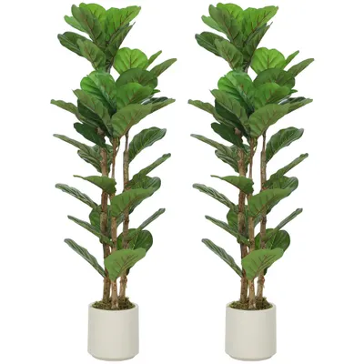 HOMCOM Set de 2 plante artificiale 120 cm Ficus lyrata cu ghiveci din plastic și trunchi din lemn masiv, verde | Aosom Romania