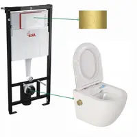Set vas wc suspendat alb cu functie bideu si baterie auriu mat Foglia Oslo, rezervor incastrat si clapeta alama periat, Alcadrain