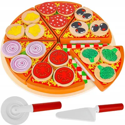 Pizza din lemn, set cu feliator, spatula si tava, 6 felii pizza si toppinguri conectate cu velcro, multicolor