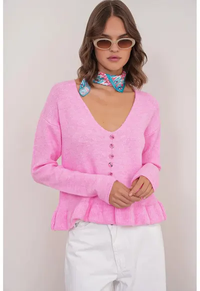 Pulover dama - Tricot - Roz pudrat - Nasturi - Decolteu in V