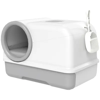 PawHut Litieră pentru Pisici cu Capac, Litiere Pisici cu Tavă și Lopățică Inclusă, Saci Deodorant, Ușor de Curățat, Alb și Gri | Aosom Romania