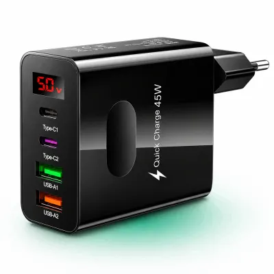 Incarcator Retea Timebox, 4 Porturi, 45W, 2 x Type-C, 2 x USB, Negru - Default Title