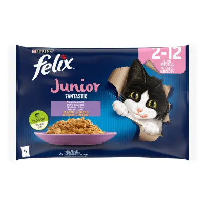 Hrana umeda pentru pisici Felix Fantastic Junior Pui in Aspic, 4 x 85g 4x85g