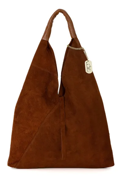 Geanta hobo din piele intoarsa cu etui interior - Maro scortisoara/Caramel