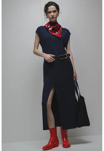 Rochie midi cu slit lateral - Bleumarin