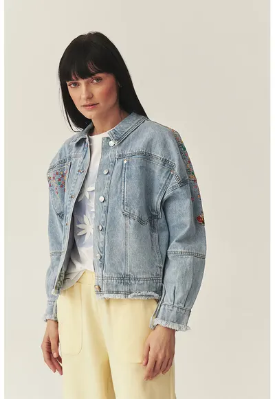 Jacheta din denim cu broderii florale - Verde/Albastru deschis melange