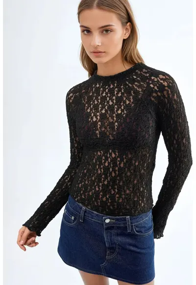 Bluza dama - Negru - Dantela - Slim fit
