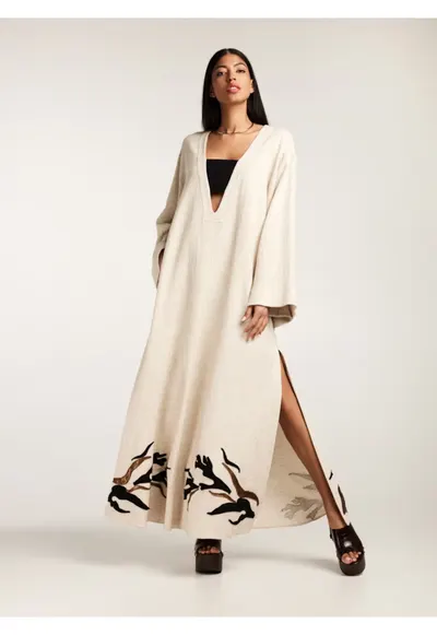 Rochie lunga din in si bumbac cu broderii multicolore Sahara - Crem