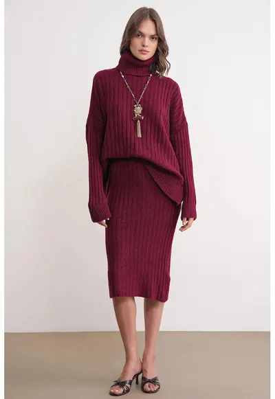 Fusta - cu talie inalta - rosu - tricot