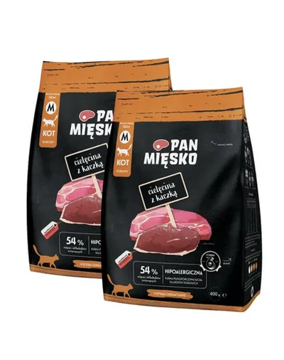 PAN MIĘSKO Vițel cu rață hrană uscată pentru pisici M 2x400 g