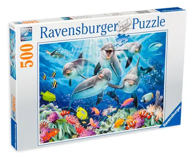 Puzzle Ravensburger din 500 de piese - Delfini in reciful de coral