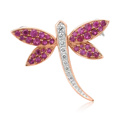 Brosa libelula din aur alb-roz cu rubin de 0.67ct si diamante de 0.11ct