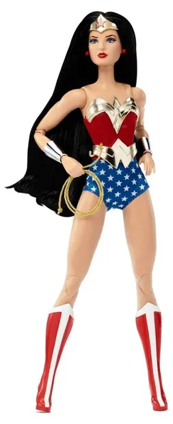 Păpușă Barbie Signature DC - Femeia Minune, în maiou roșu-albastru și accesorii aurii, 29 cm