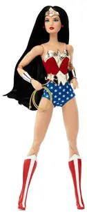 Păpușă Barbie Signature DC - Femeia Minune, în maiou roșu-albastru și accesorii aurii, 29 cm