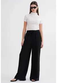 Pantaloni dama - talie inalta - textil - negru - muselina texturata