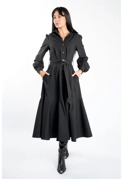 Rochie camasa cu cordon si croiala ampla - Negru