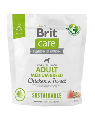 BRIT Care Sustainable Adult Medium breed Chicken & Insect 1 kg hrana caini adulti talie medie, pui si insecte