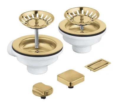 Sifon chiuveta bucatarie Grohe, universal, preplin, pentru 2 cuve, ornament butoane, mat, auriu, 40998GN0