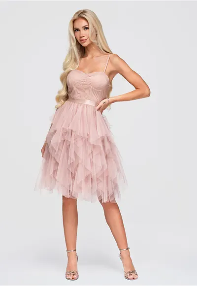Rochie cocktail midi cu decolteu patrat - guler tip corset LA-OM-DLR398 - Bej