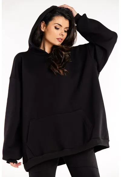 Hanorac oversize cu gluga si buzunar - - Negru