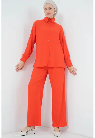 Set din doua piese pentru dama - HiCCUP - camasa si pantaloni supradimensionati - Portocaliu - textil - Portocaliu
