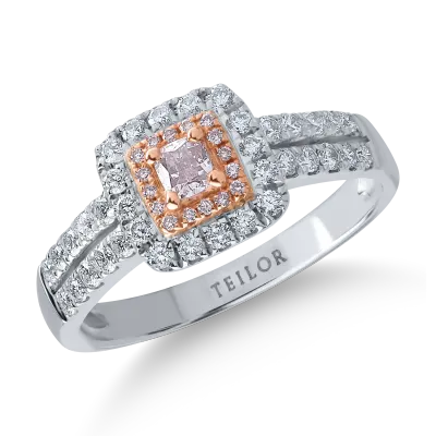 Inel din aur alb-roz cu diamante transparente de 0.49ct si diamante roz cushion si rotunde de 0.21ct