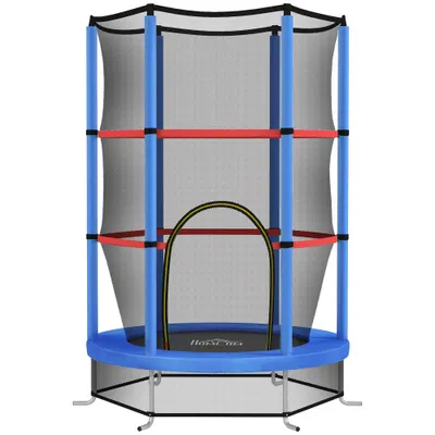 HOMCOM Saltea Elastică pentru Copii 3-6 Ani cu Plasă de Protecție, 6 Stâlpi și 3 Intrări, Ø140x190 cm, Albastru | Aosom Romania
