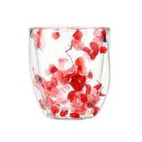 Pahar cu inserție de flori uscate roșu și roz, hortensie, pereți dubli, sticlă borosilicată, 250 ml, Aurora Bloom