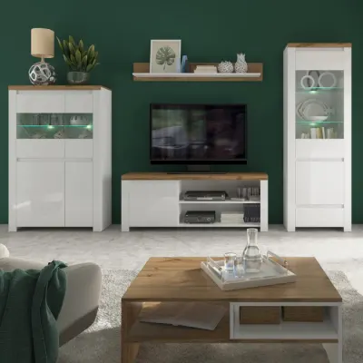Set Living VIGO, 5 piese, comoda TV, 2 vitrine, masuta de cafea, raft suspendat, alb + stejar wotan, 322x41,5x202 cm