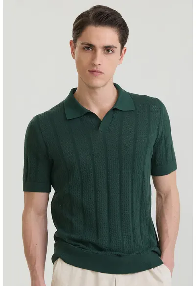 Tricou polo din bumbac cu aspect tricotat - Verde inchis