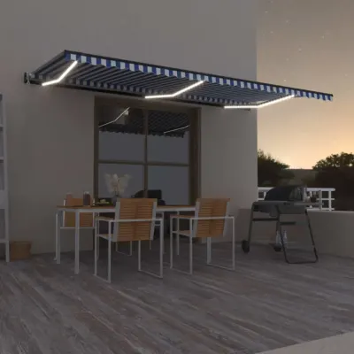 vidaXL Copertină automată cu senzor vânt&LED, albastru/alb, 600x300 cm