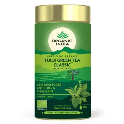 Ceai Tulsi (Busuioc Sfânt) cu Ceai Verde, Antistres Natural & Vitalizant, 100g ECO | Organic India