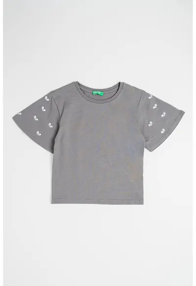 Tricou de bumbac cu aplicatii de strasuri - Gri antracit/Argintiu