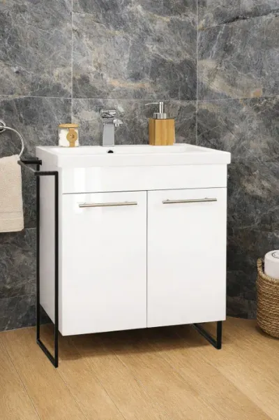 Set Baza front MDF si Lavoar seria 754, cadru metalic, montata, 65 cm, alb