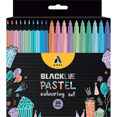 Set de colorat Adel BlackLine - 10 creioane și 10 stilouri cu vârf de pâslă, creioane colorate