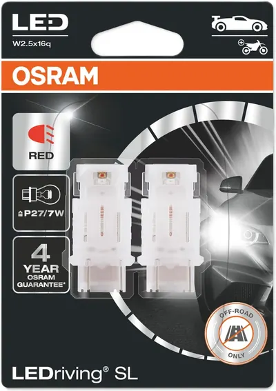 Becuri auto LED Osram - LEDriving, SL, Red, P27/7W, 1.7W, 2 bucăți, roșii