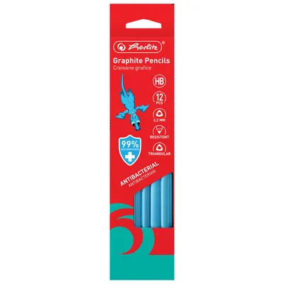 Creion fara guma triunghiular, HB, 2.2mm, antibacterial, 12buc/set, Herlitz