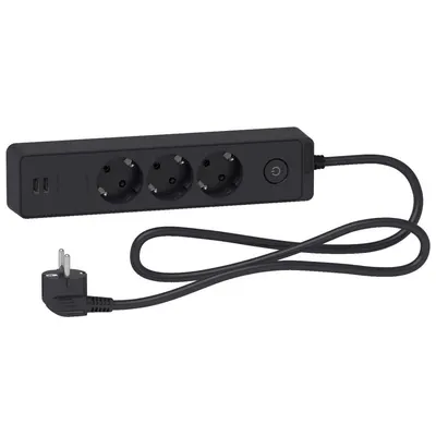 Prelungitor Unica 2P+E, 3prize + 2 USB + intrerupator, 1.5m cu obturatoare Schneider ST943U1B, antracit