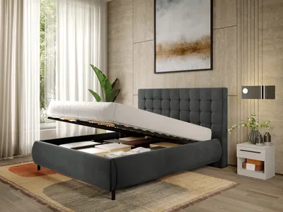 Pat Tapitat cu somiera rabatabila - Gri Inchis - Velvet 140x200