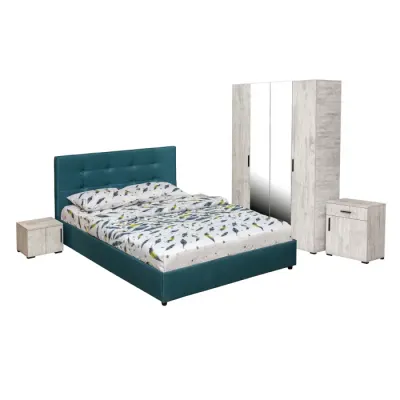 Set dormitor ECONO, 5 piese, pat 140x200 cm, dulap 4 usi, comoda, 2 noptiere, pin antichizat + turcoaz