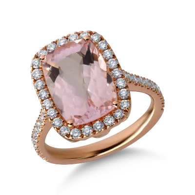 Inel din aur roz cu morganit cushion de 4.3ct si diamante de 0.6ct