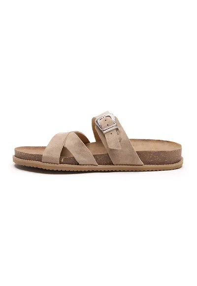 Papuci de piele intoarsa cu catarama Grace - Maro taupe