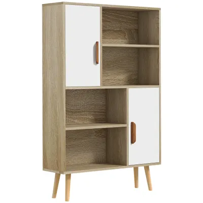 HOMCOM Bibliotecă scandinavă 4 nișe + 2 dulapuri cu poliță dim. 80L x 24l x 123H cm Picioare conice înclinate Lemn masiv Stejar | Aosom Romania