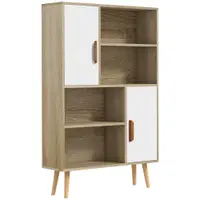 HOMCOM Bibliotecă scandinavă 4 nișe + 2 dulapuri cu poliță dim. 80L x 24l x 123H cm Picioare conice înclinate Lemn masiv Stejar | Aosom Romania