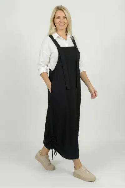 Rochie sarafan lunga cu bretele si snur reglabil, din jerseu de bumbac neagra